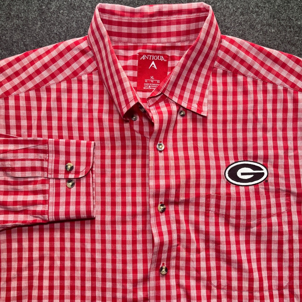 Antigua UGA Georgia Bulldogs Mens‎ XL Red Gingham Button Down Shirt Excellent